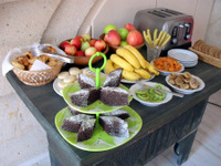 Breakfast with fruits, homemade pastries and cookies